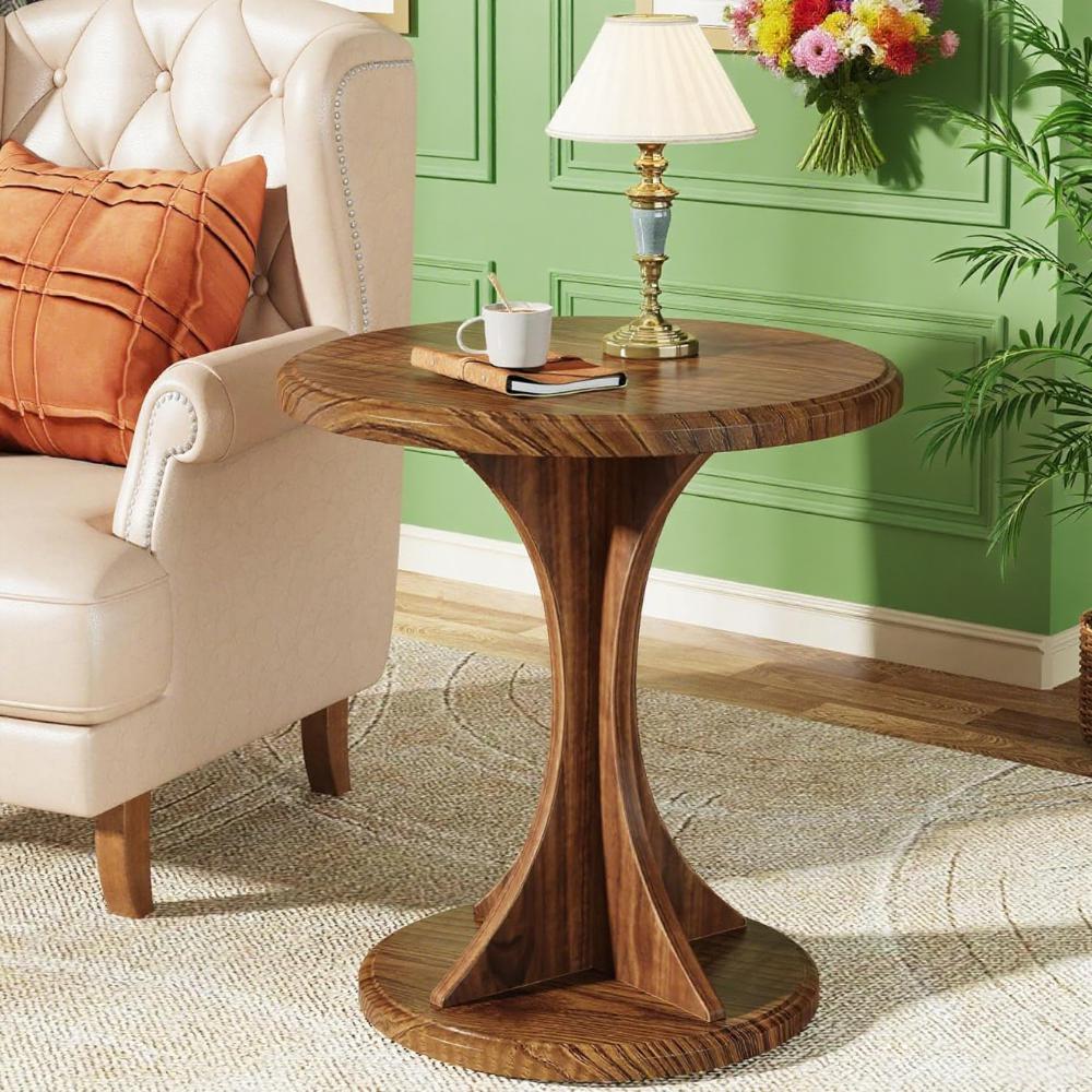 Rustic Round Wood Coffee Table with Hourglass Pedestal – Compact Vintage End Table