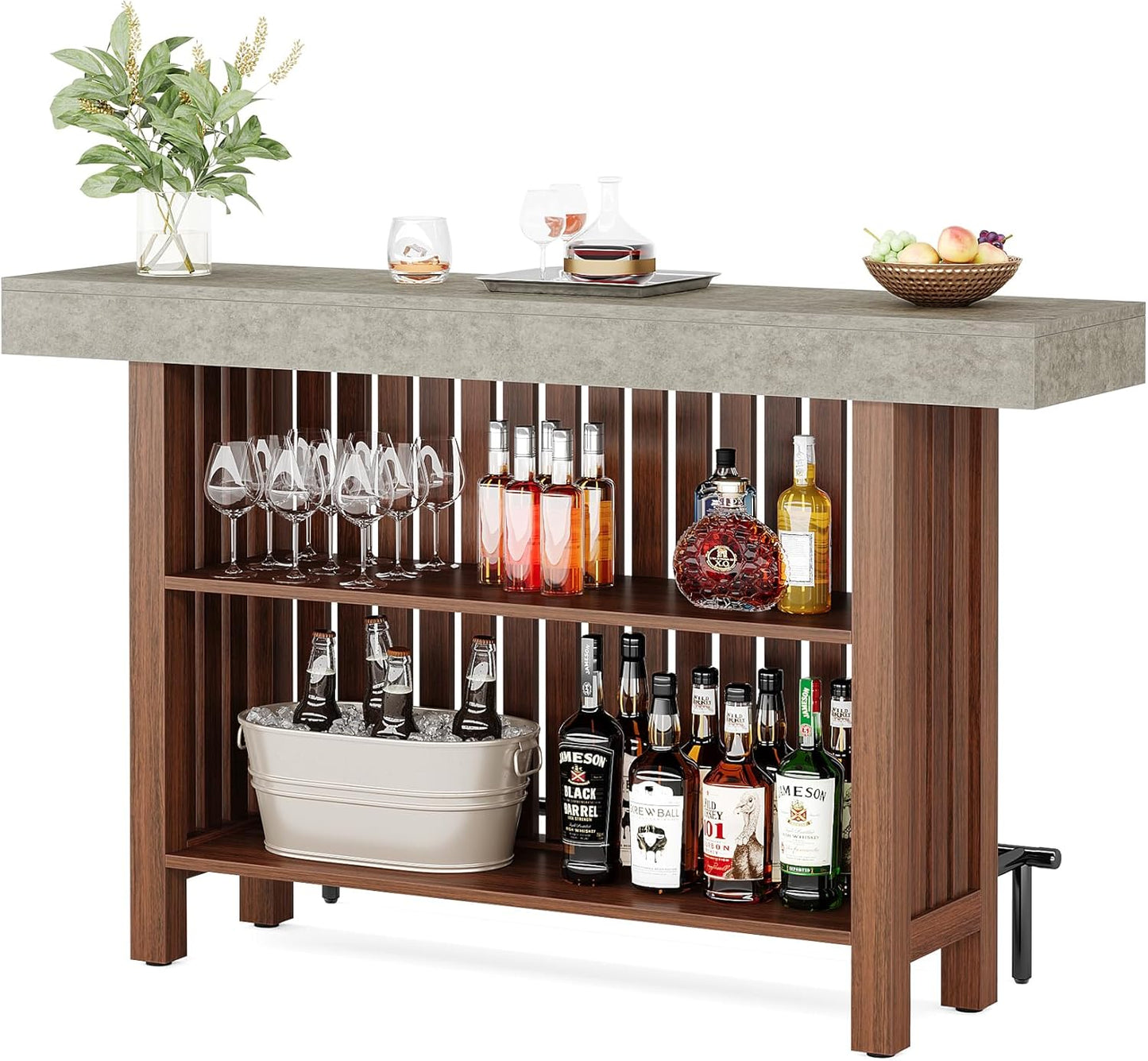 63" Brown Modern Bar Table with 2-Tier Storage, Footrest & Cement Texture Finish
