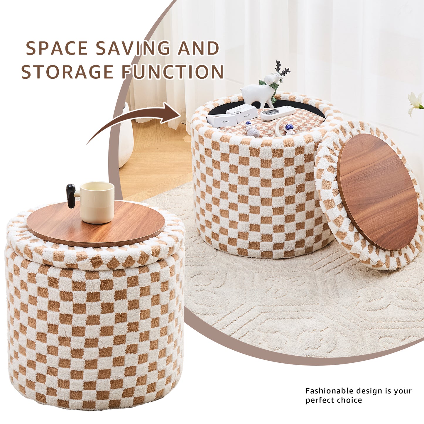 Round Brown Faux Fur Ottoman with Storage – Footrest for Bedroom or Vanity