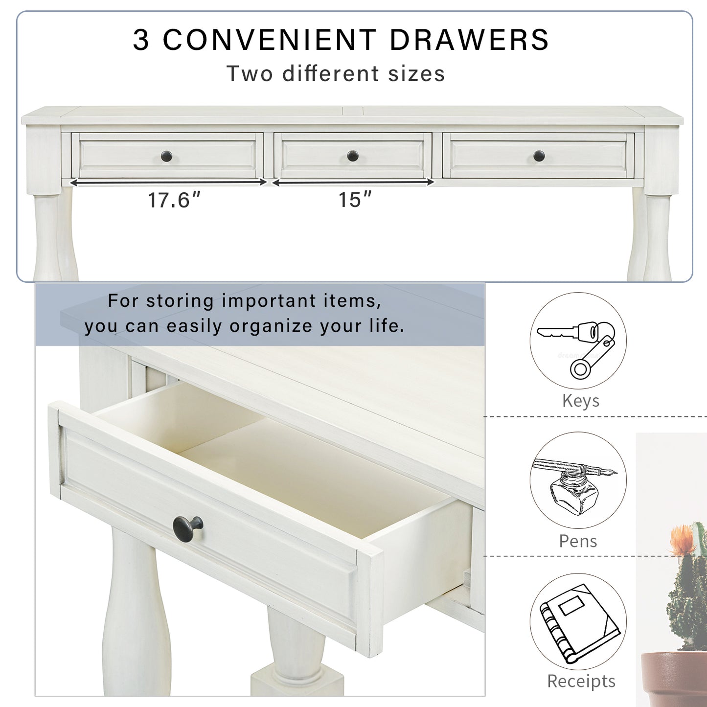 63" White Console Table with Drawers & Shelf for Entryway, Hallway, Living Room