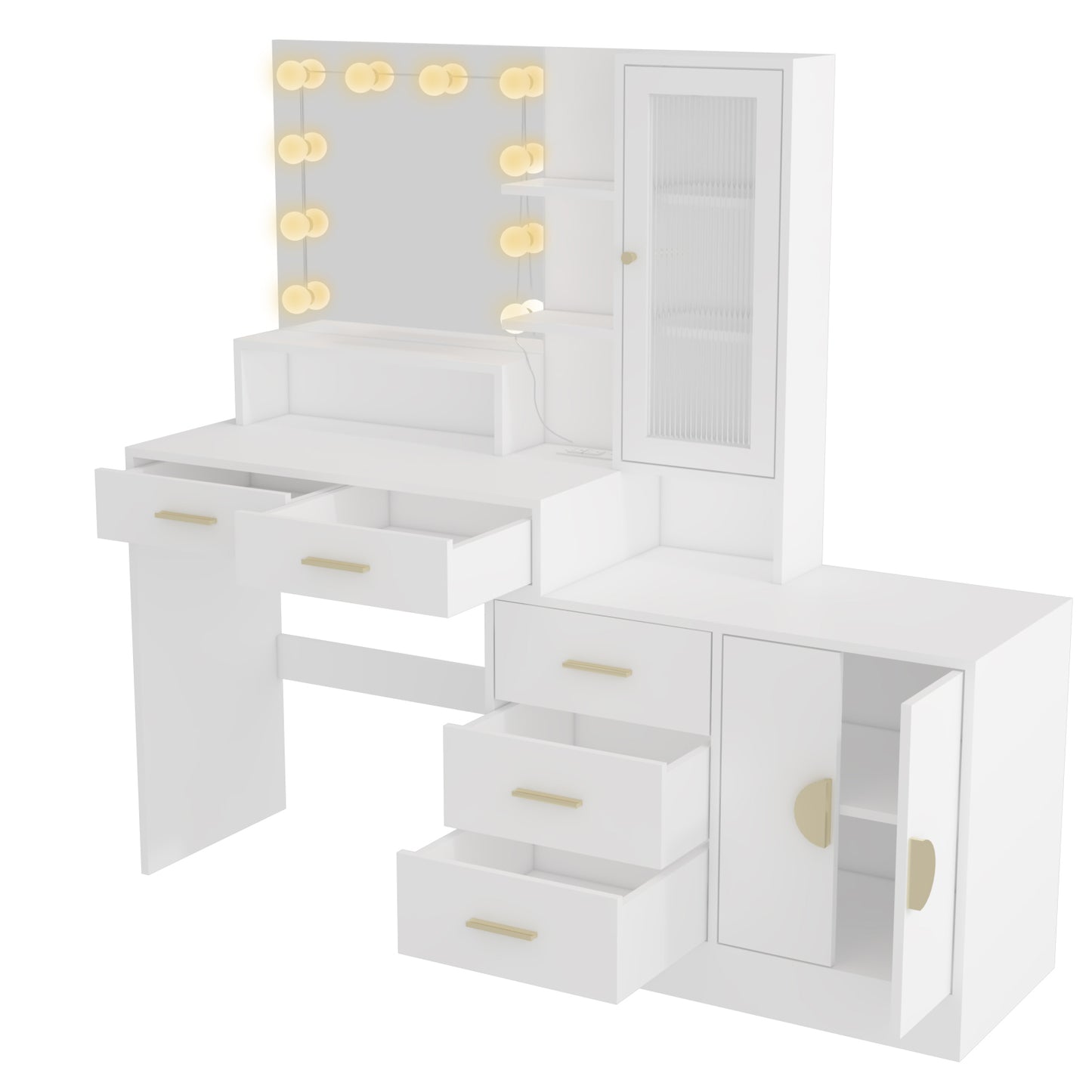 Large Vanity Table with Mirror, LED Lights, Drawers & Charging Station, White