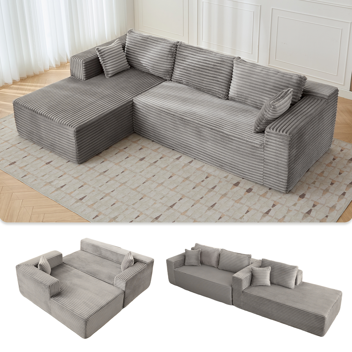 Modular L-Shaped Corduroy Sectional Sofa with Chaise – Grey