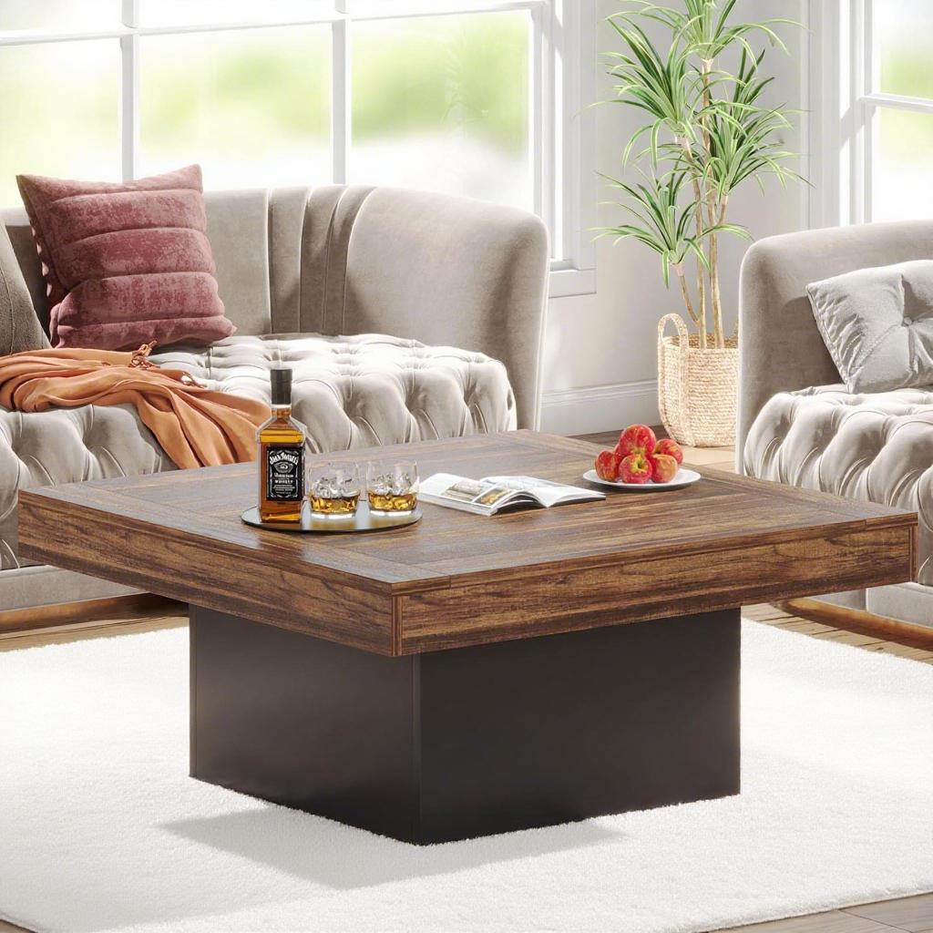 Rustic Brown LED Coffee Table with Black Base – 35” Square Modern Farmhouse Design