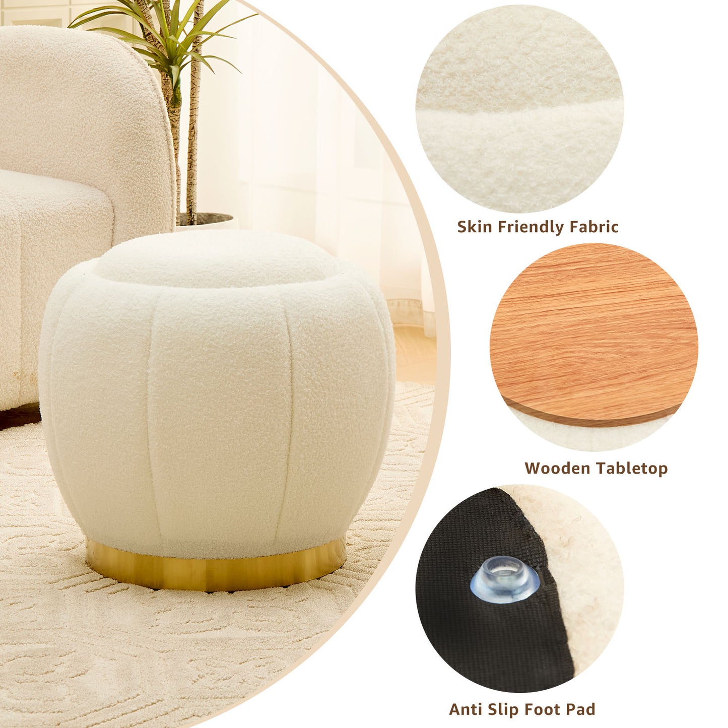 Storage Ottoman Footrest with Soft Seat, Velvet Stool Accent, White