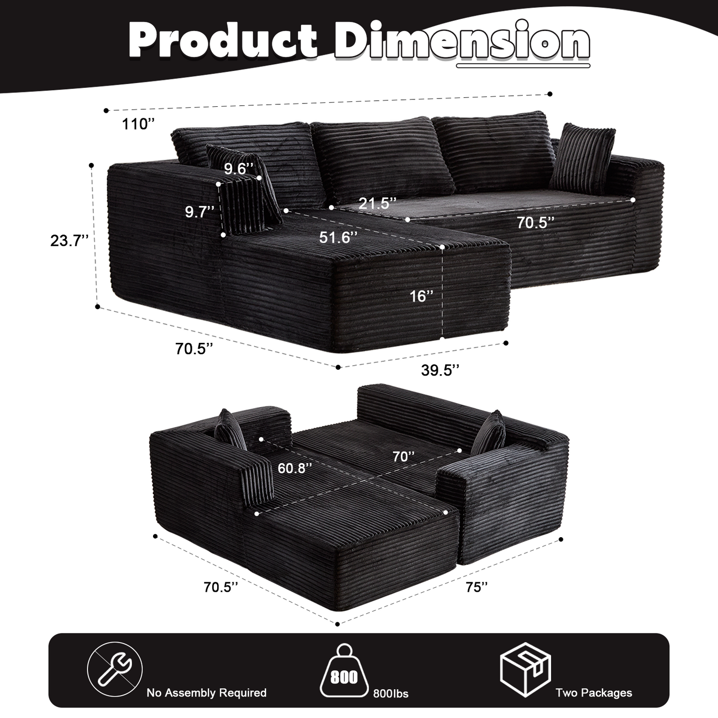 Modular L-Shaped Corduroy Sectional Sofa with Chaise – Black