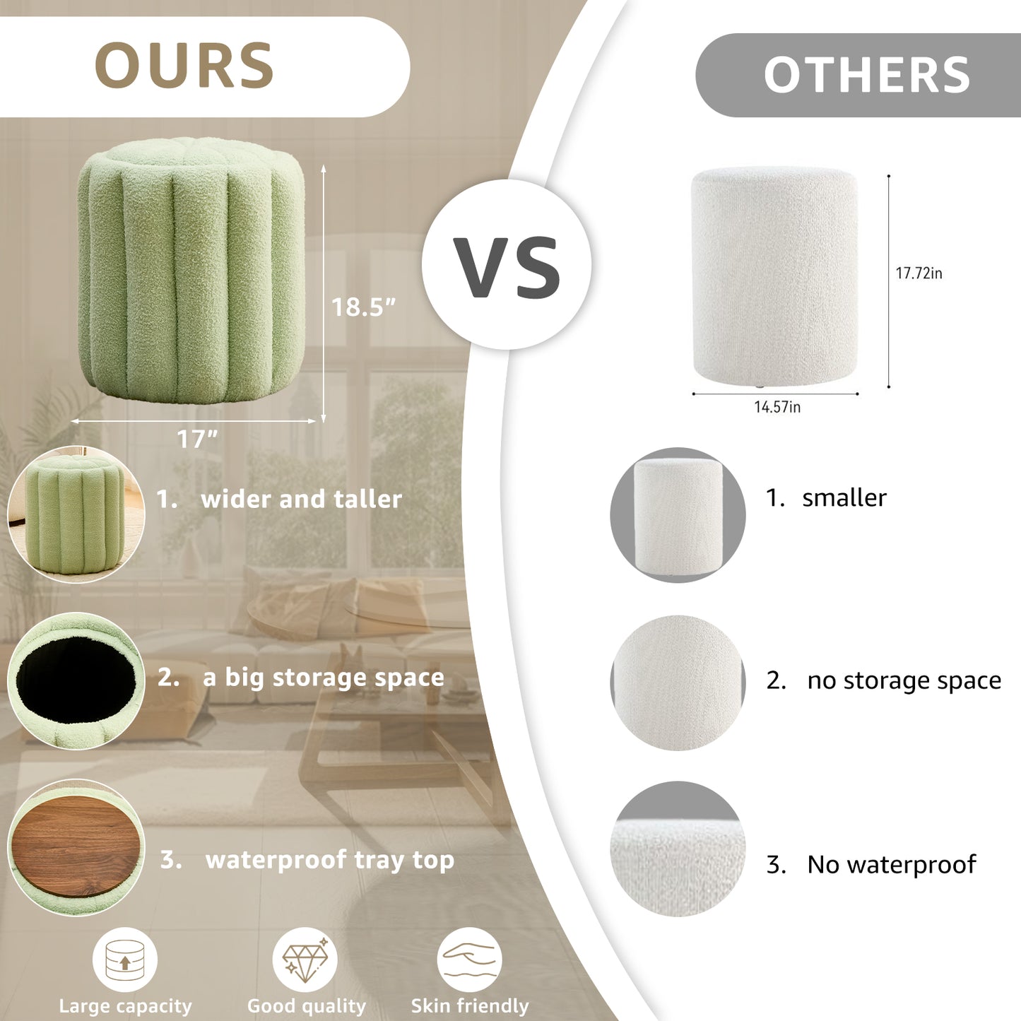 Teddy Velvet Ottoman with Storage, Round Padded Foot Stool for Makeup Room