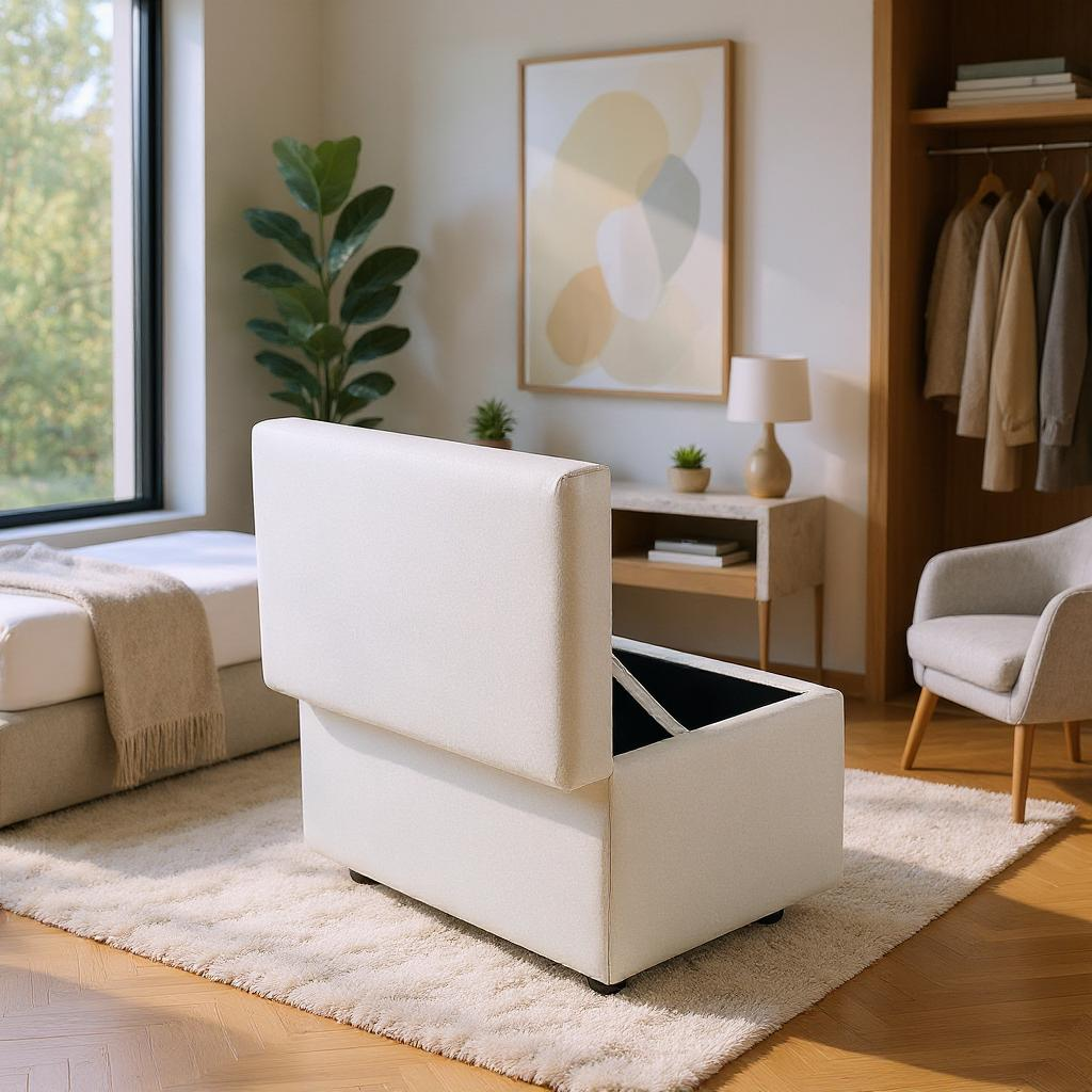 Beige Linen Storage Ottoman Bench with Hidden Compartment, 63×43×43cm