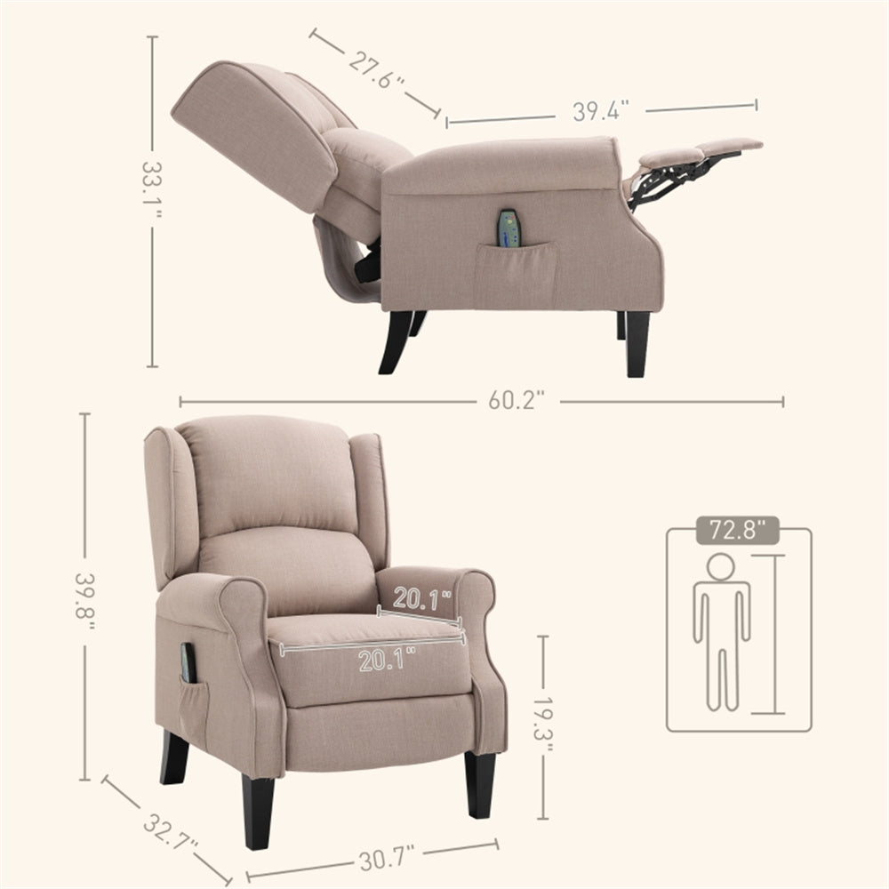 Heated Massage Recliner Chair with Lumbar Support – Manual Pushback, Beige