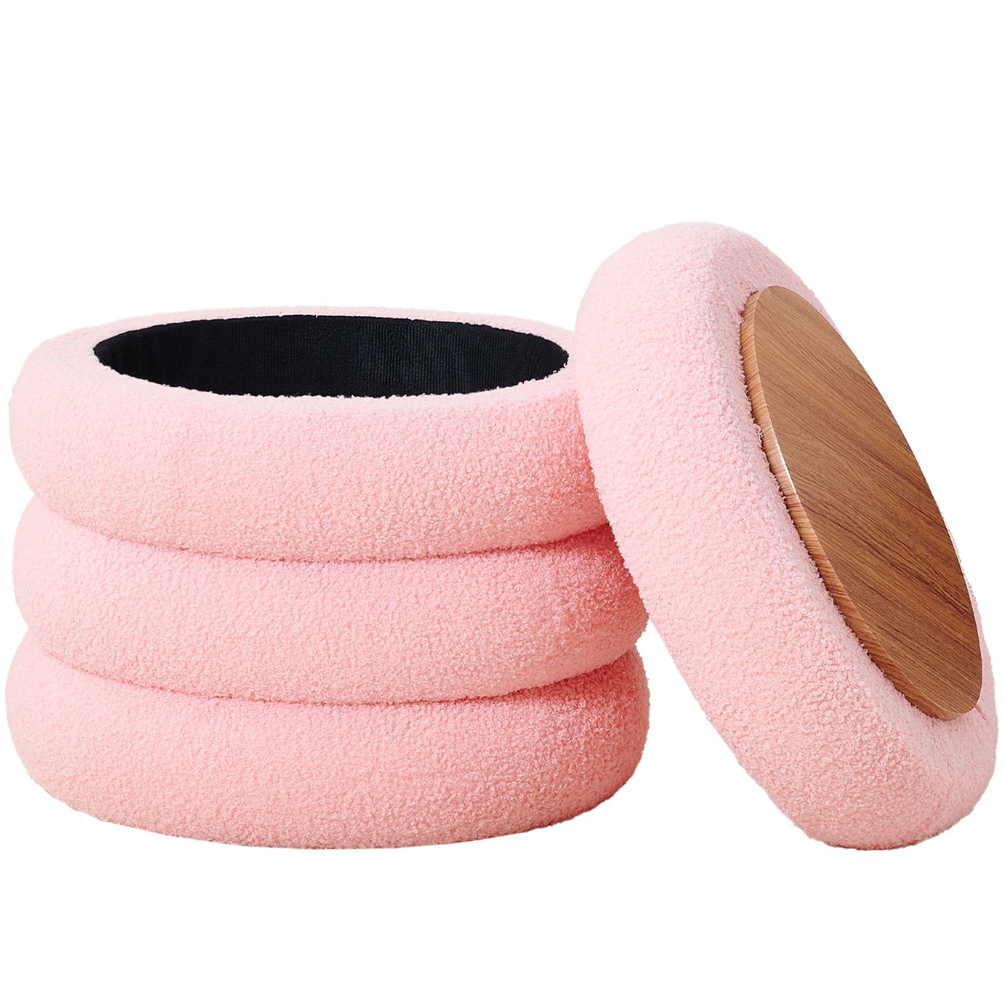 Round Shape Storage Ottoman Stool with Flip Tray, Vanity & Footrest Chair, Pink