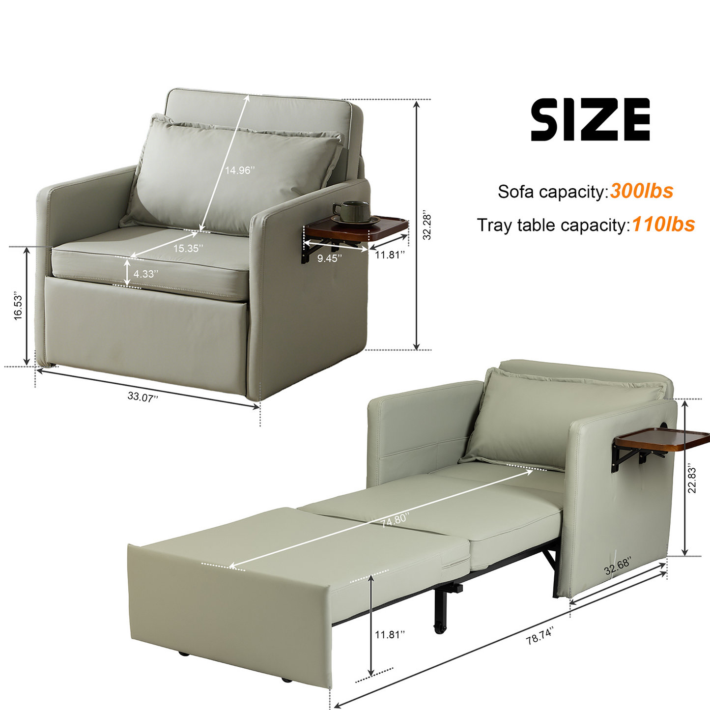3-in-1 Sleeper Chair Bed with USB Tray, Light Grey Leather Convertible Sofa