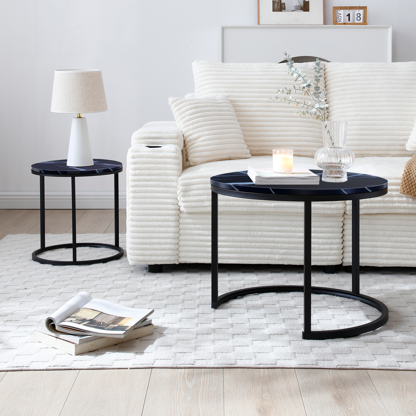 Set of 2 Nesting Coffee Tables – Round Black Frame with Marble Pattern Tops
