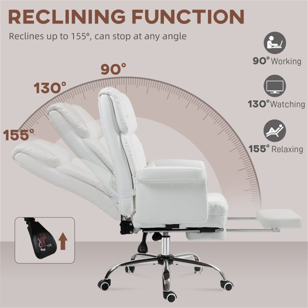 White Massage Office Chair with Reclining Back, Footrest & PU Leather Finish