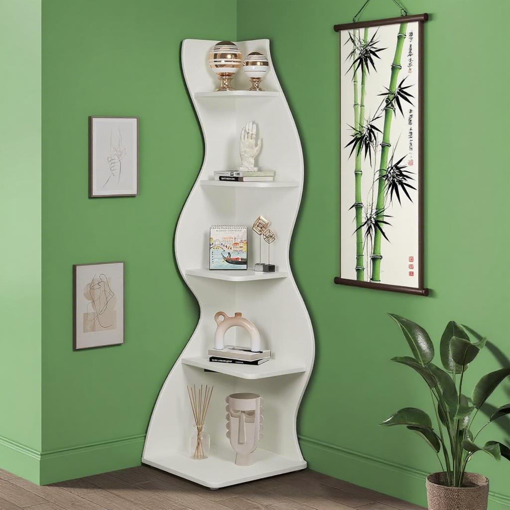 Bookcase Wavy 5-Tier White Corner Bookshelf – Modern Sculpted Storage Rack