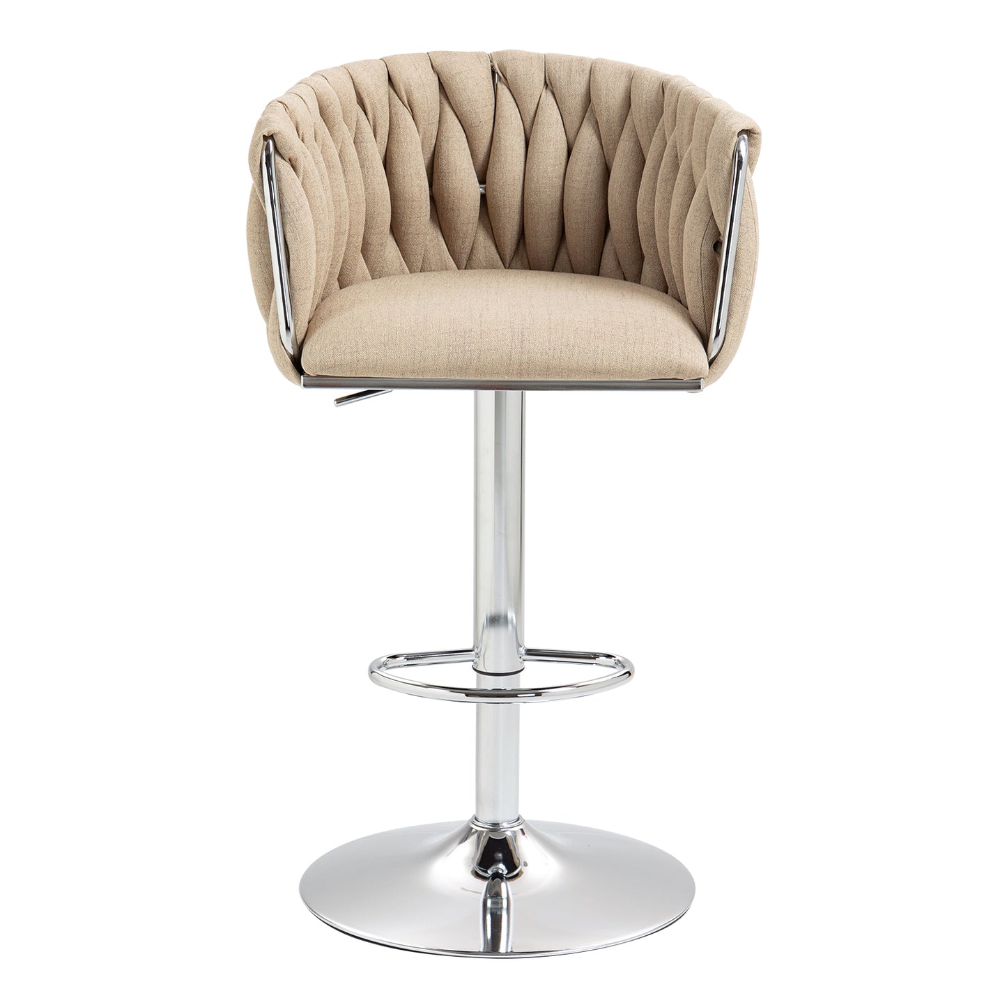 Set of 2 360° Swivel Fabric Bar Stools with Woven Back, Adjustable Height, Beige