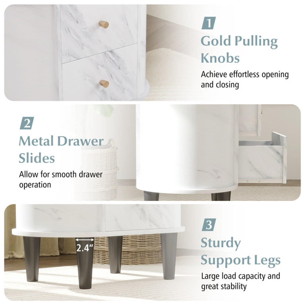 White Nightstand with Faux Marble Top & 2 Drawers – Modern Bedroom Side Table