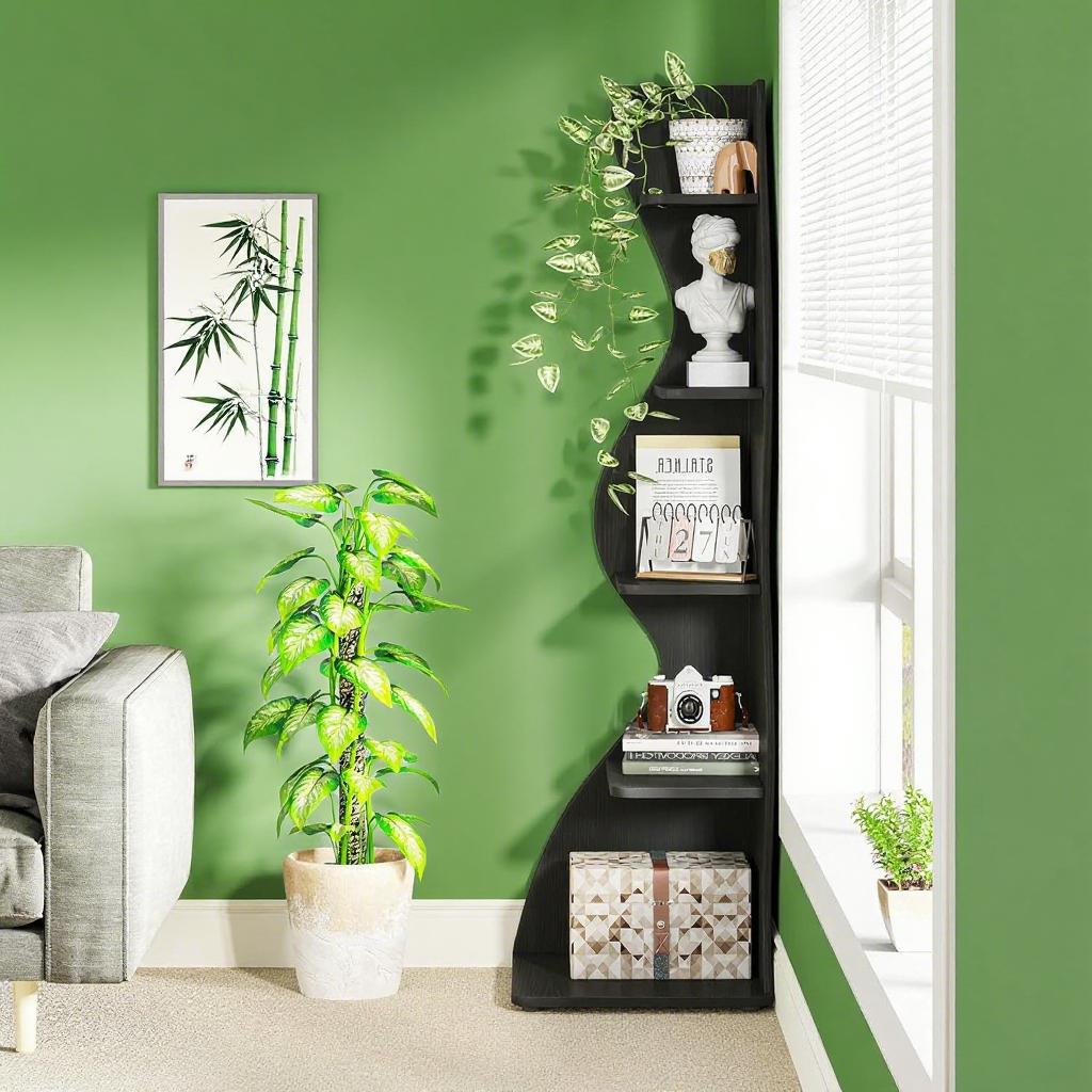 Black Wavy 5-Tier Corner Bookshelf – Modern Sculpted Bookcase Storage Rack
