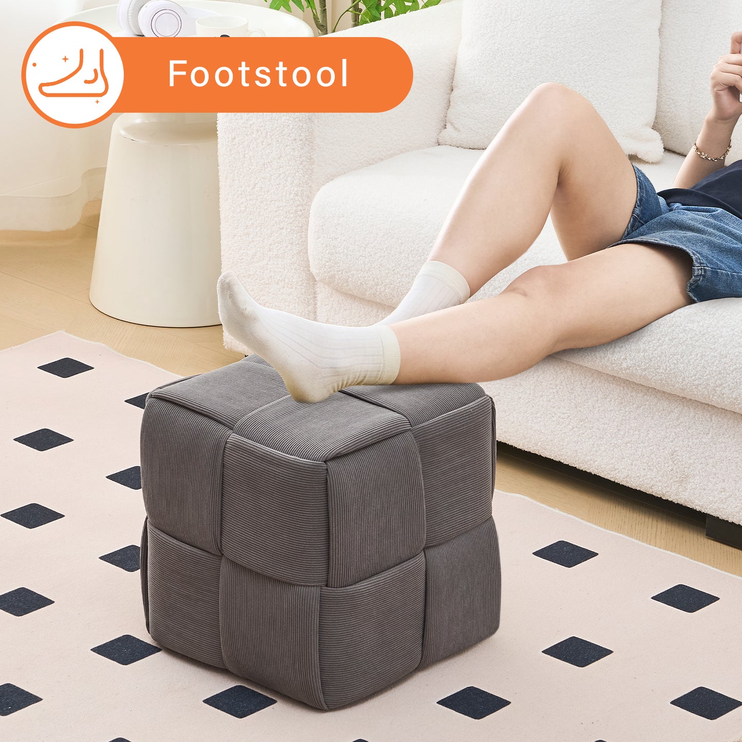 Grey Corduroy Ottoman Vanity Stool – Square Footrest for Bedroom & Entryway