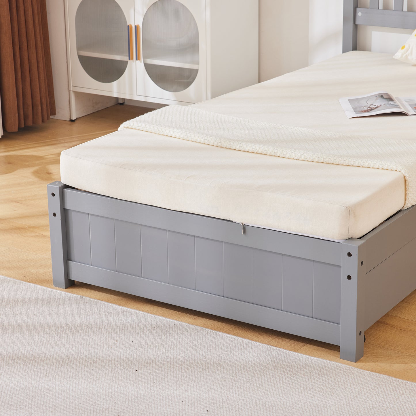 Twin Pine Wood Platform Bed with 4 Storage Drawers & Curved Headboard – Gray