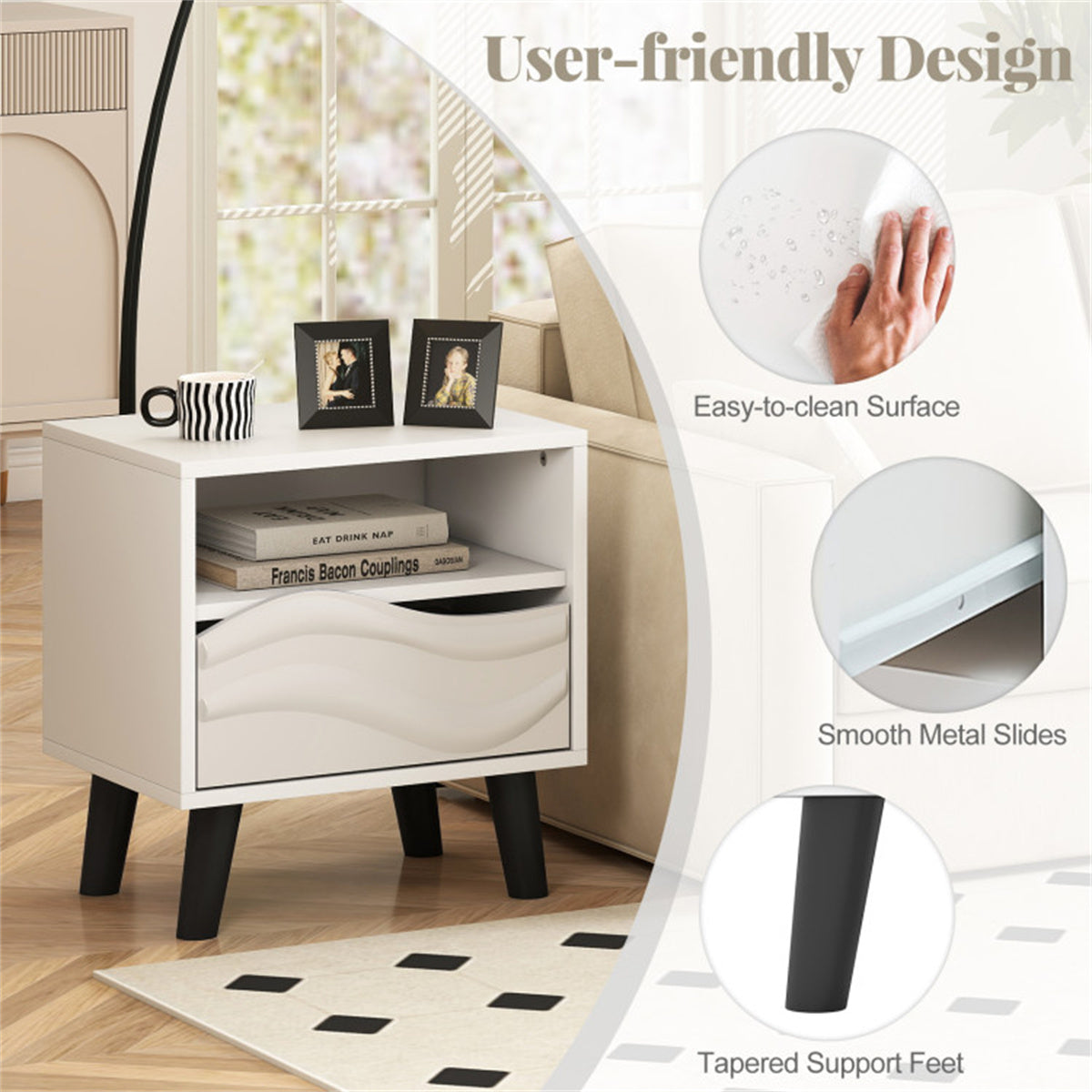 White Nightstand with Drawer & Open Shelf – Modern Compact Bedside Table