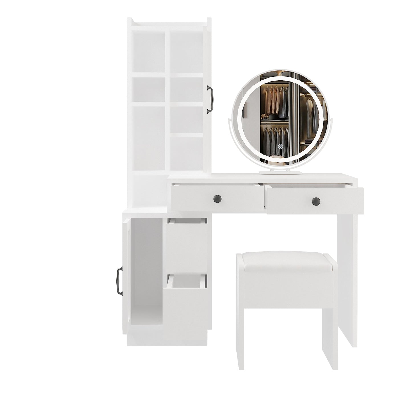 Modern Vanity Table Set w/ LED Mirror, Side Cabinet & Outlets, 3 Lights