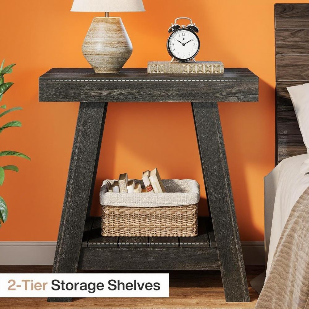 Rustic Grey Farmhouse End Table with 2 Open Shelves – Compact Side Storage