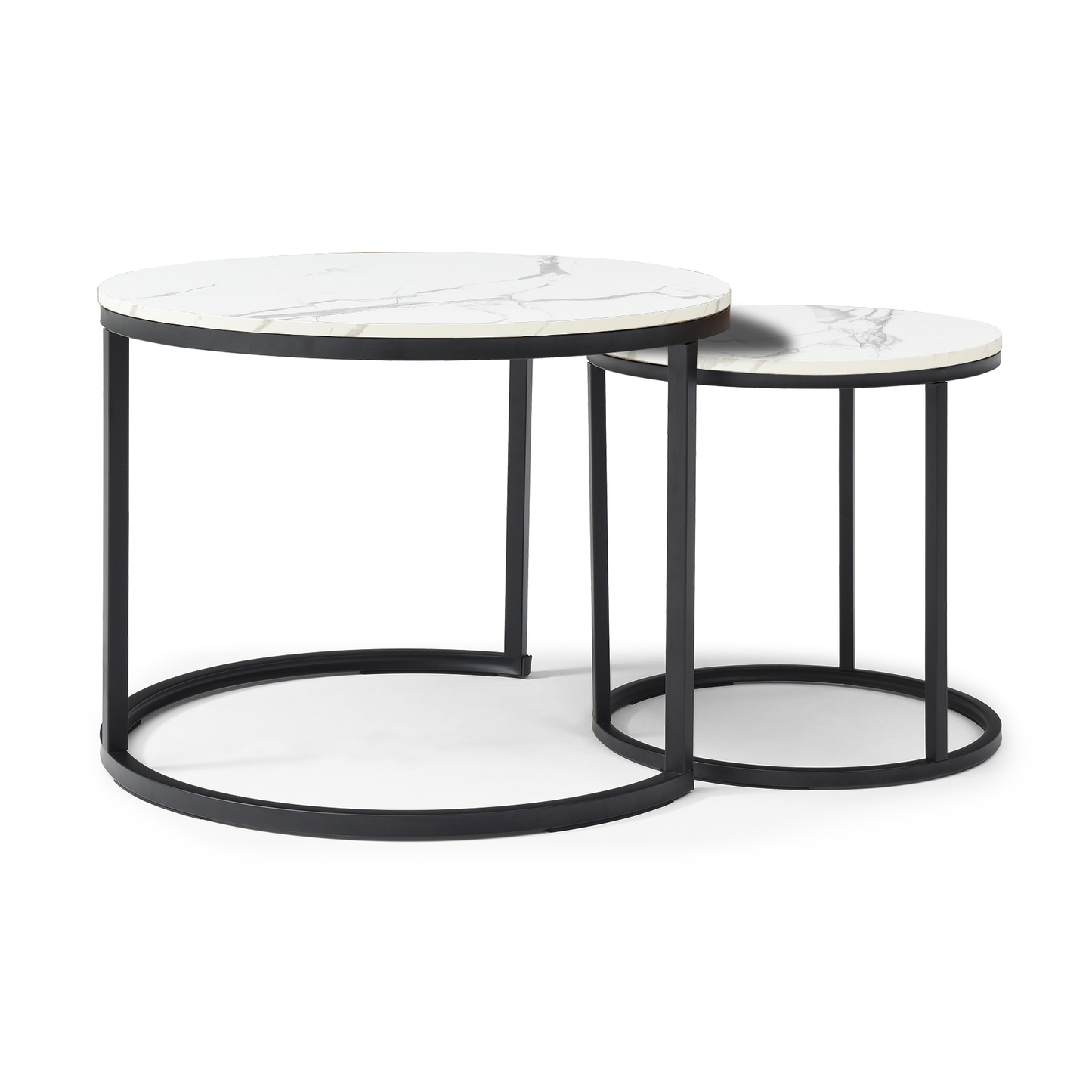Set of 2 Nesting Coffee Tables – White & Gray Marble Top with Black Metal Frame