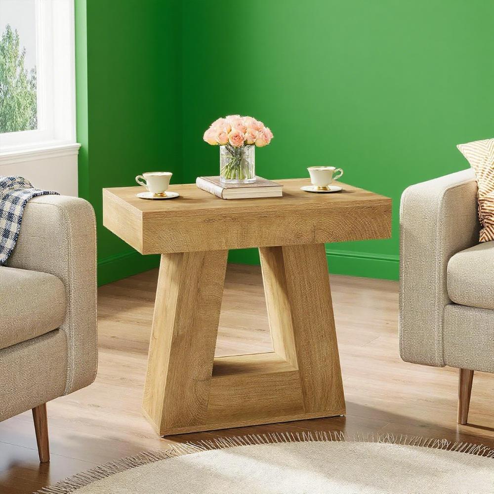 Modern Contemporary Coffee Table with Trapezoidal Base – Wood Grain Side Table