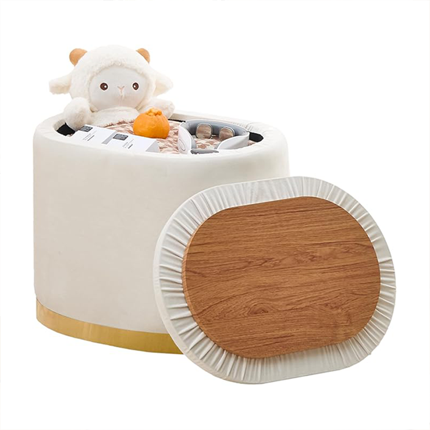 Round Storage Ottoman with Flip-Top Lid – Cream Upholstered Stool