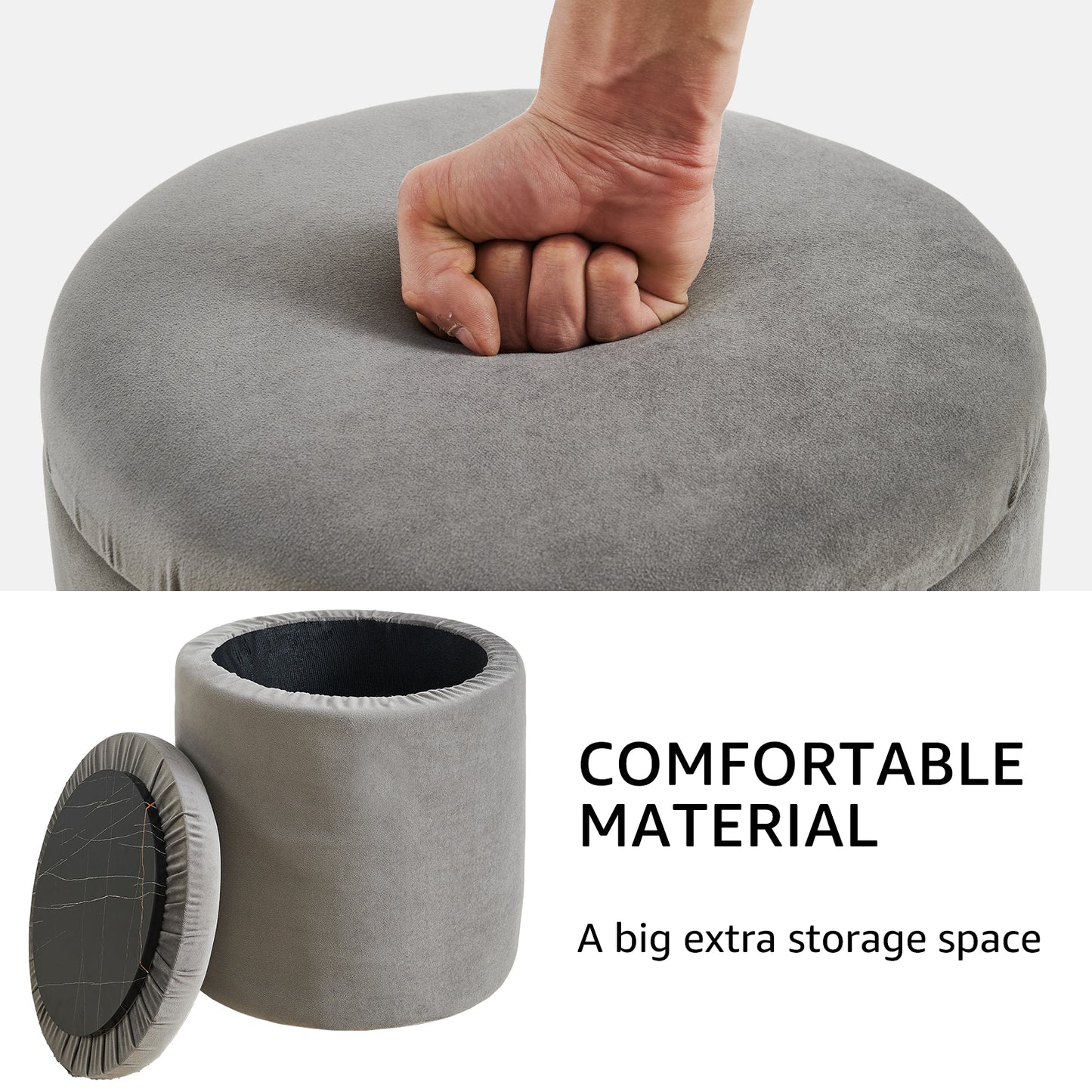 Velvet Grey Round Storage Ottoman with Removable Lid