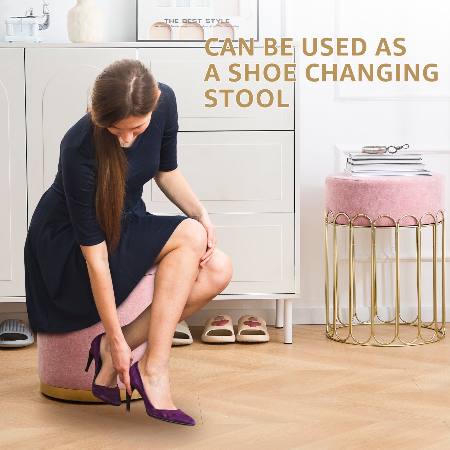 Set of 2 Round Velvet Storage Ottomans with Removable Lids – Pink