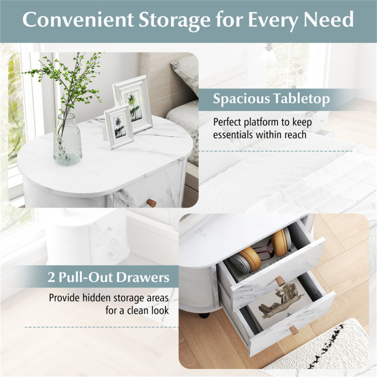 White Nightstand with Faux Marble Top & 2 Drawers – Modern Bedroom Side Table