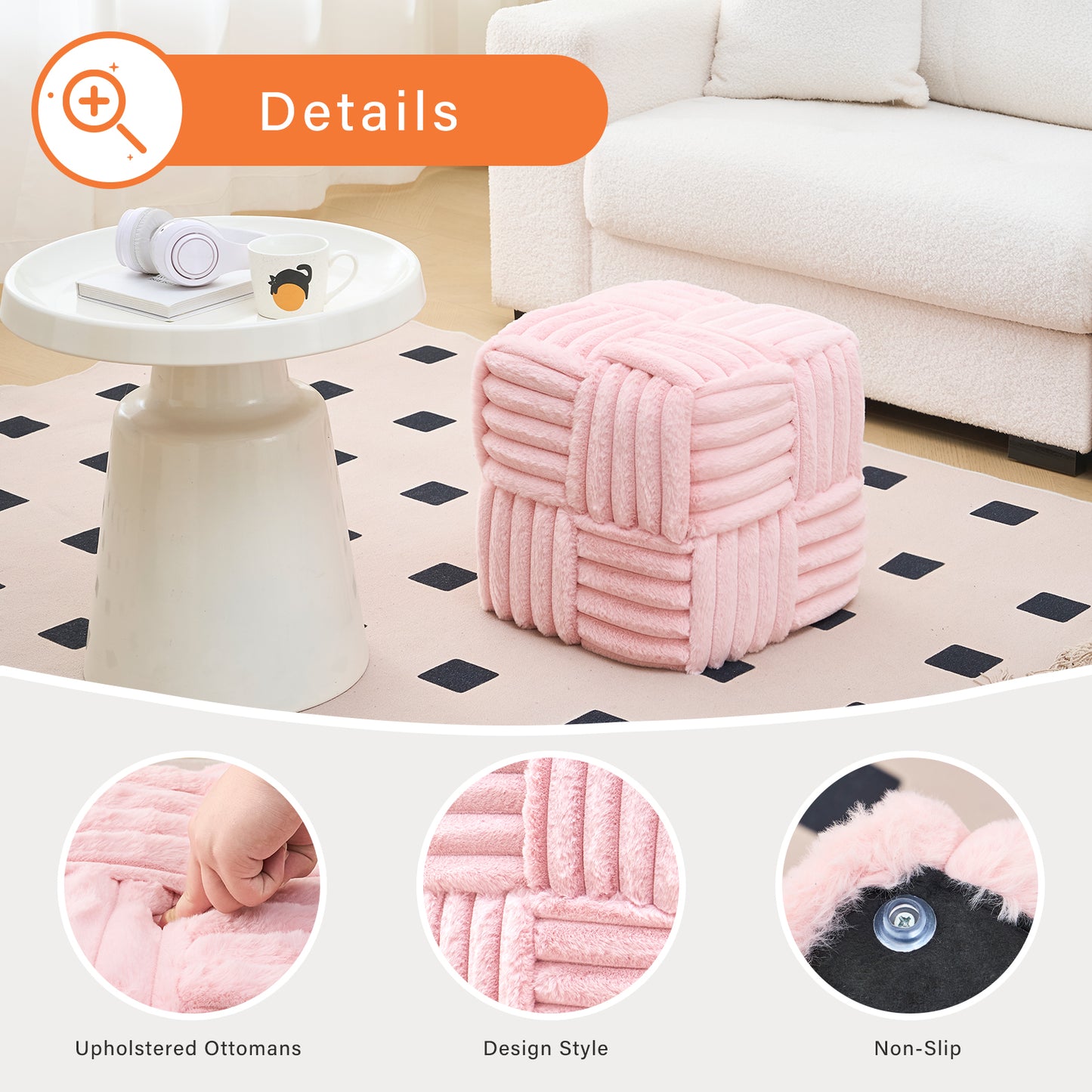 Pink Corduroy Ottoman Vanity Stool – Square Footrest for Bedroom & Entryway