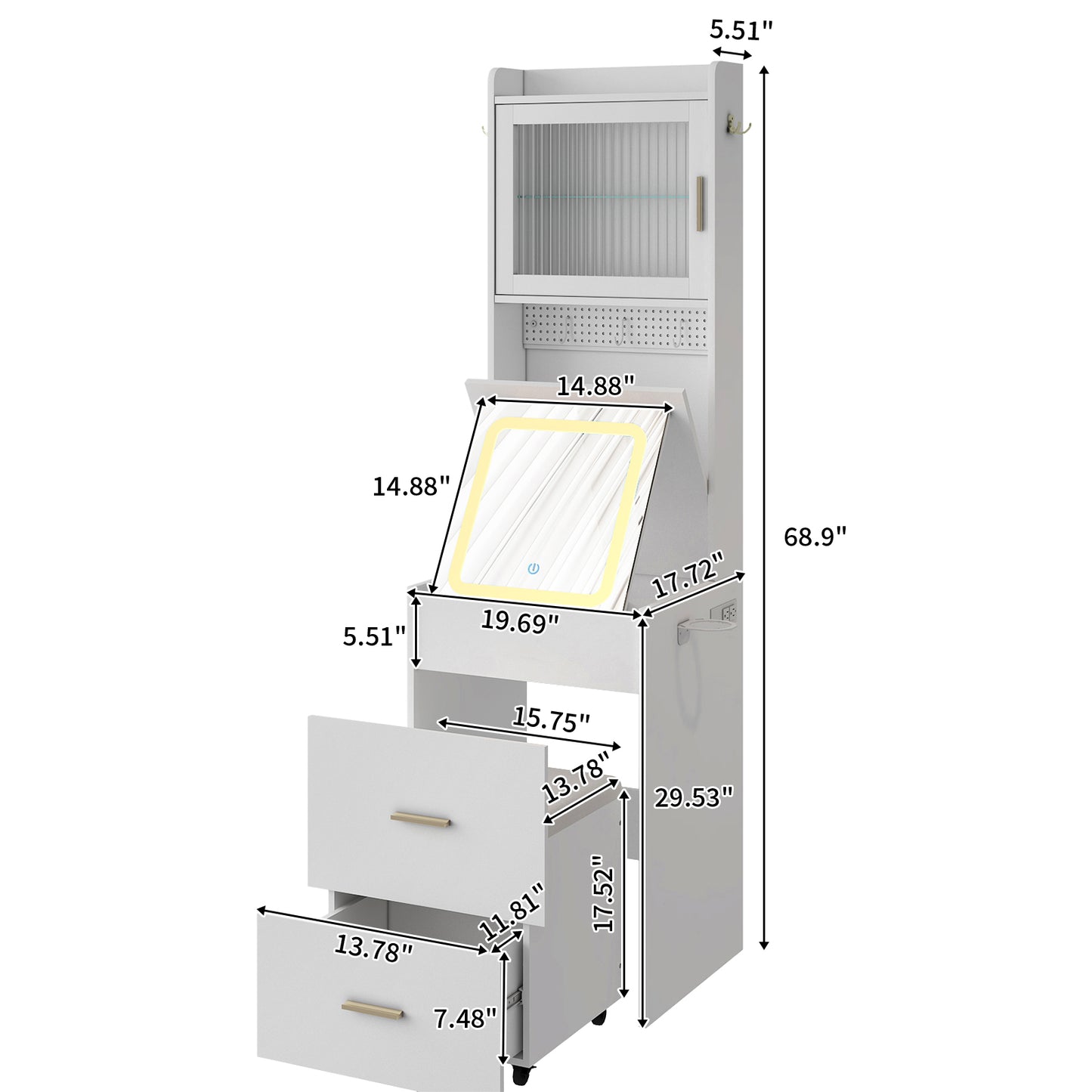Compact Vanity Desk with Mirror, LED Lights, Charging Station & Stool, White