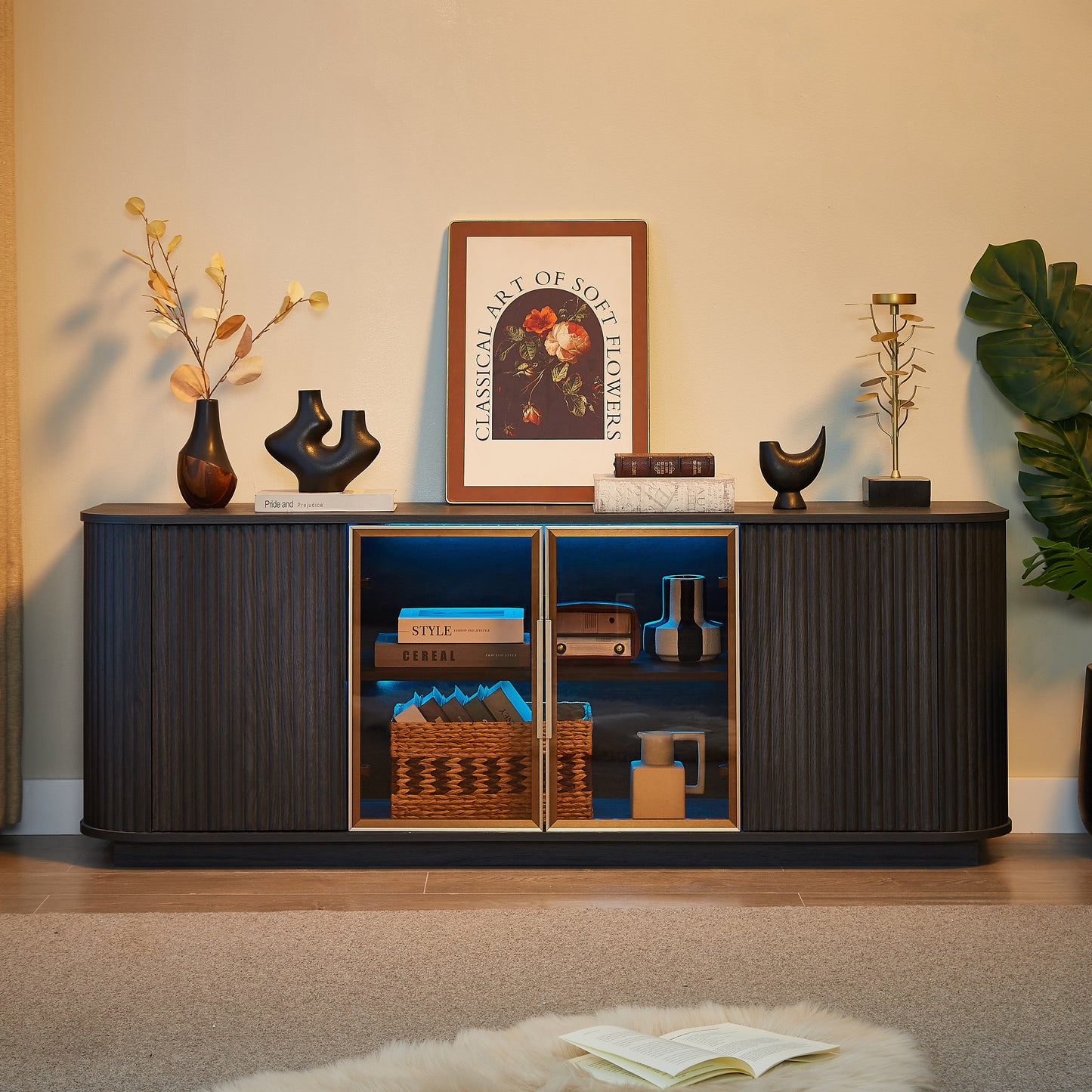 64" Wavy Black TV Cabinet with LED, Glass Doors & Storage for Living Room