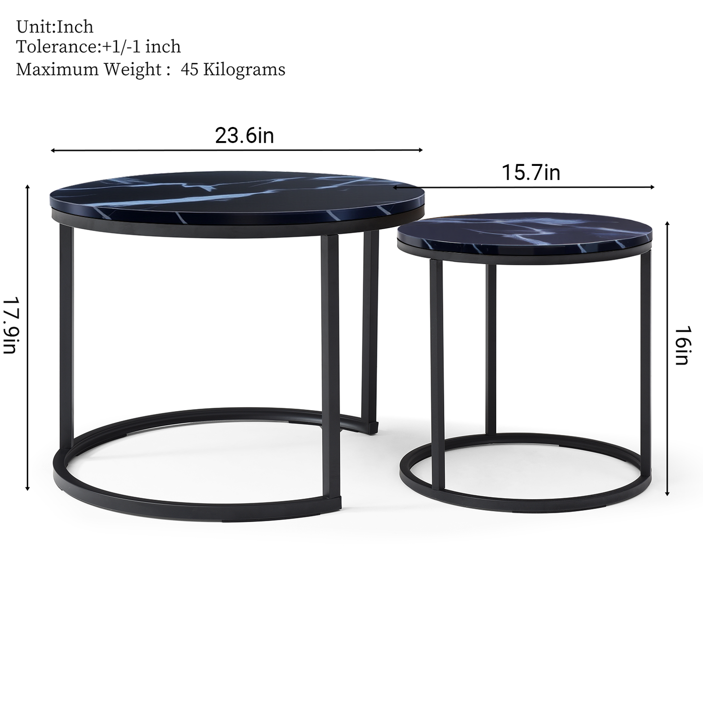 Set of 2 Nesting Coffee Tables – Round Black Frame with Marble Pattern Tops