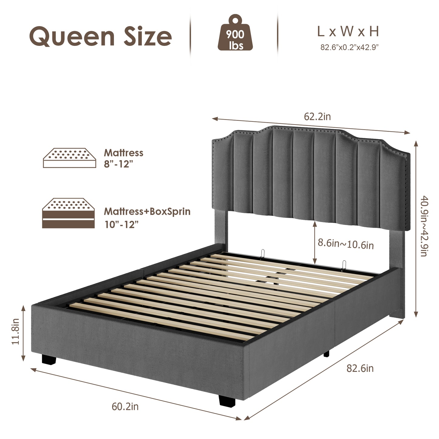 Lift-Up Storage Queen Bed – Velvet Upholstered Platform Bed Frame, Grey