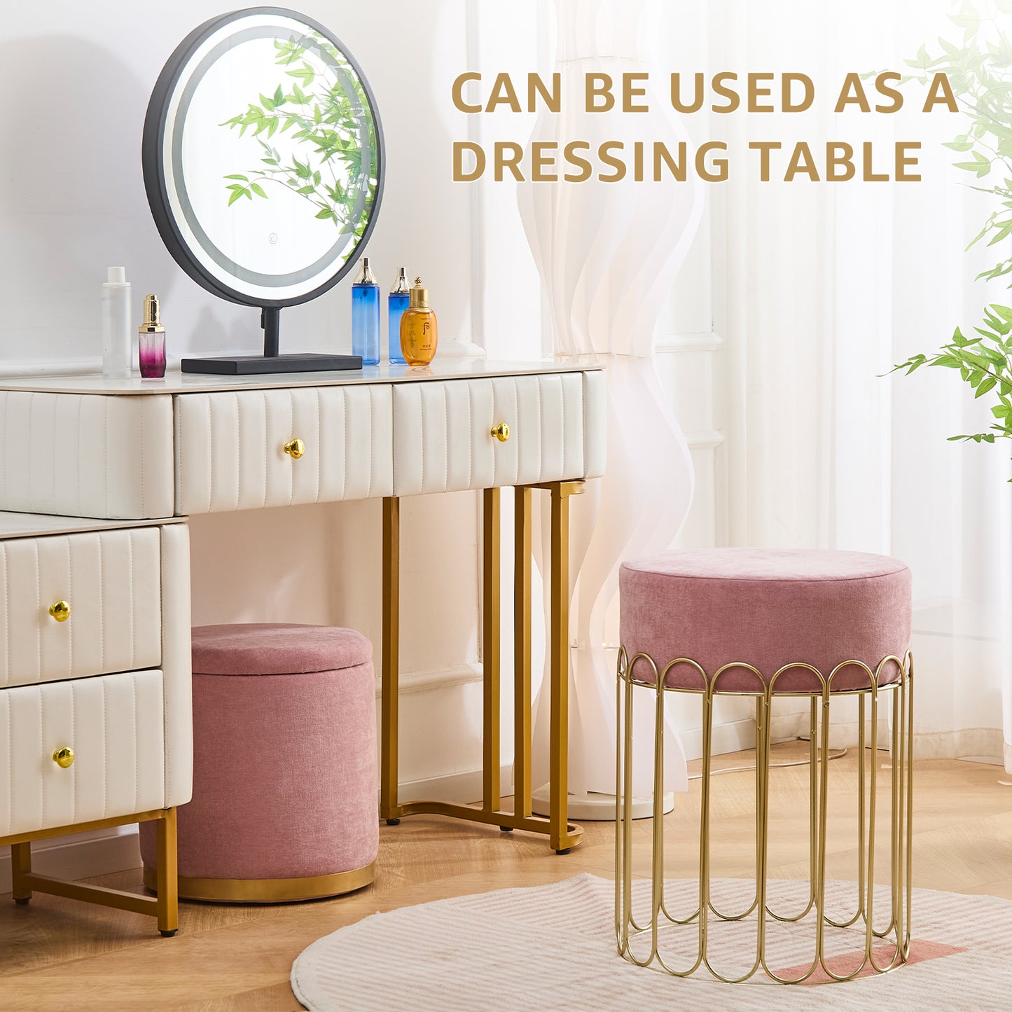 Set of 2 Round Velvet Storage Ottomans with Removable Lids – Pink