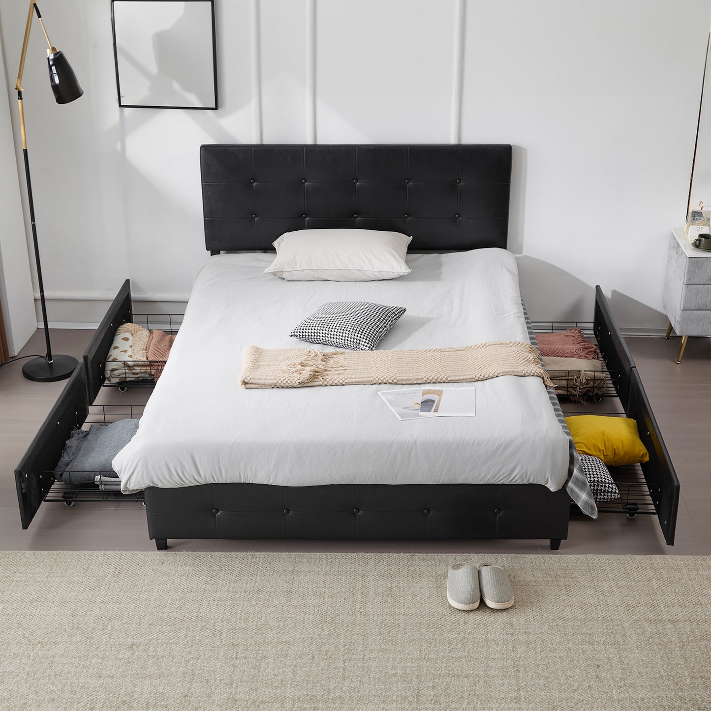 Queen Upholstered Platform Bed with 4 Drawers & Adjustable Tufted Headboard